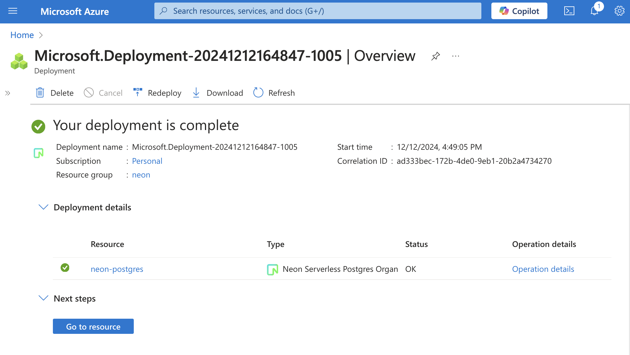 Neon Resource Deployment Complete on Azure