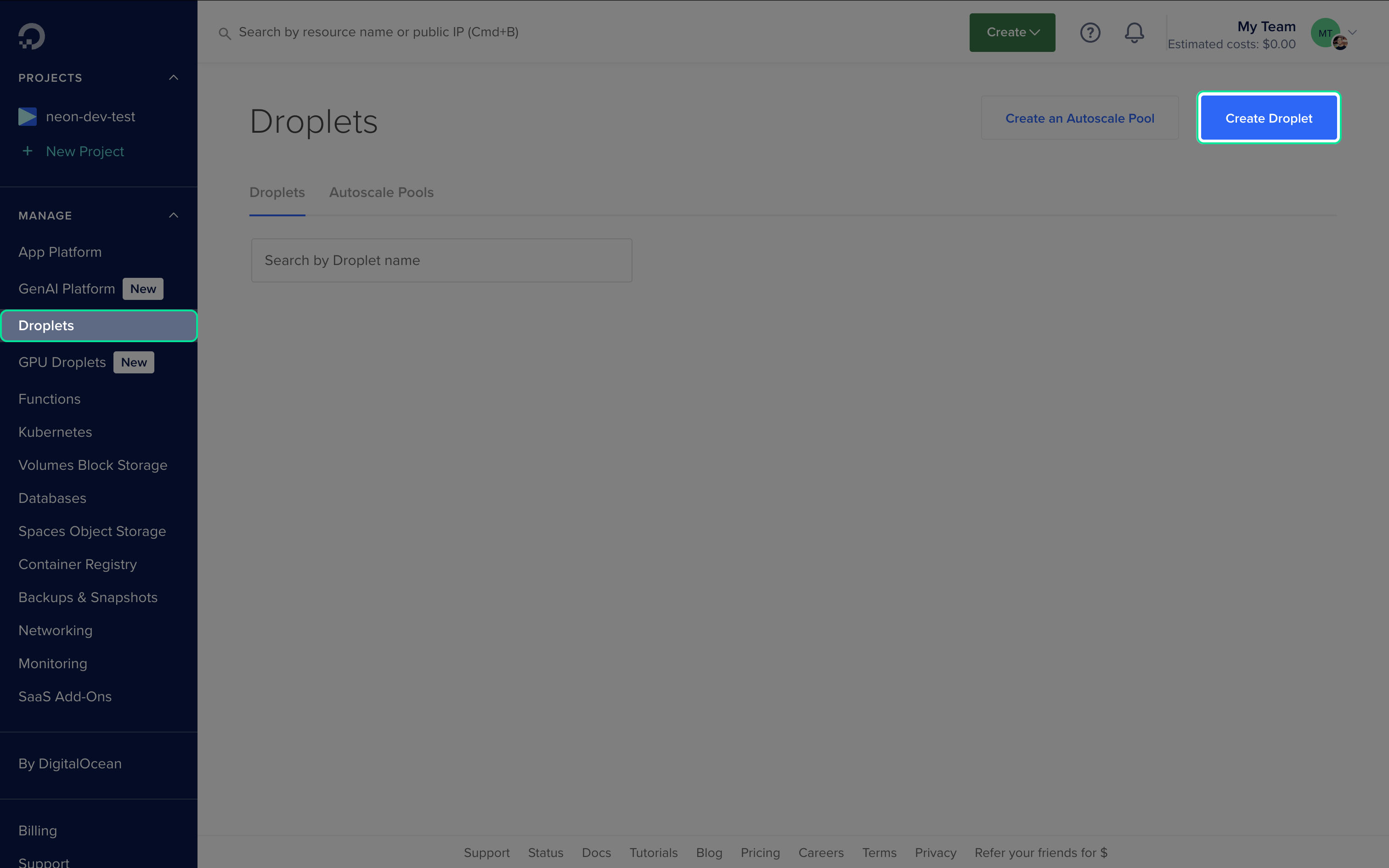 Screenshot of Digital Ocean Create Droploet